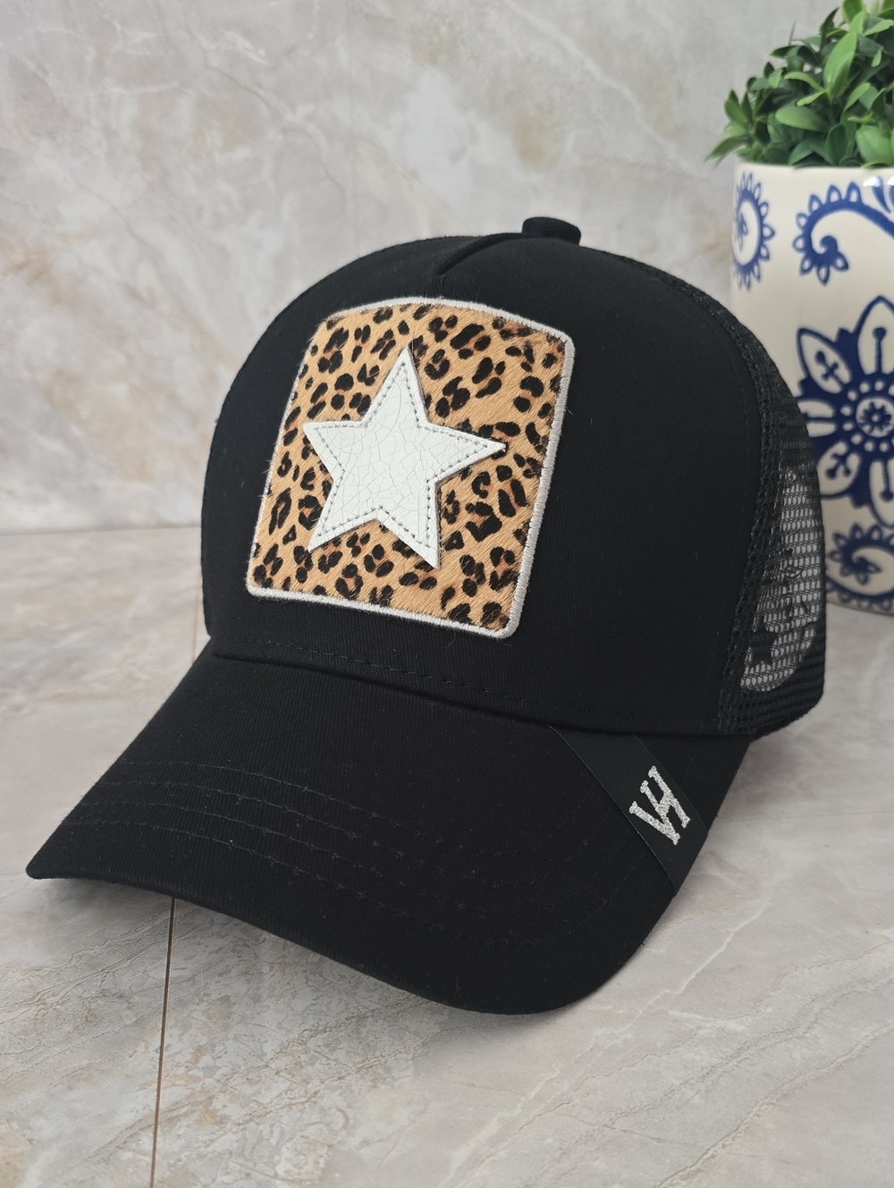 Vintage Havana Trucker Hat Black with Leopard Print Star Patch